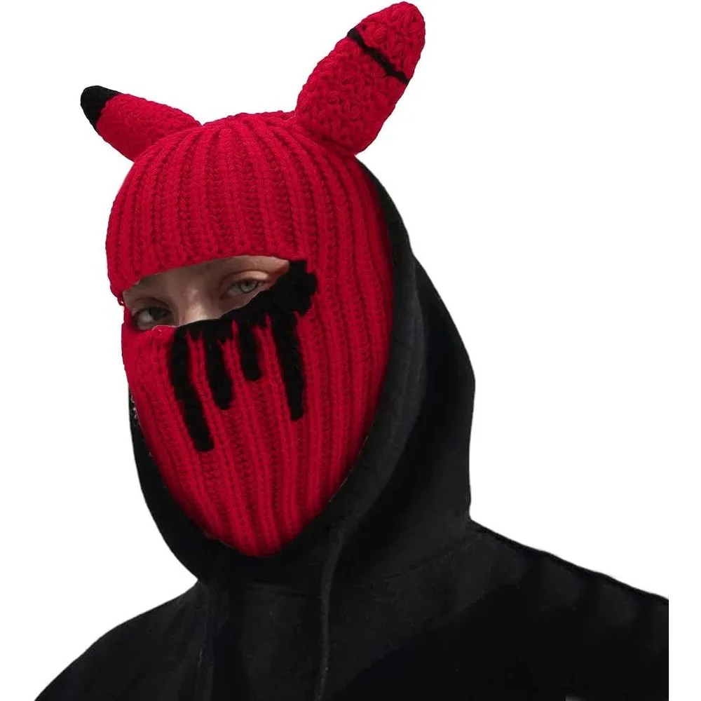 Halloween Horns Creative Knitted Beanies Face Cover Mask Windproof Balaclava Hat